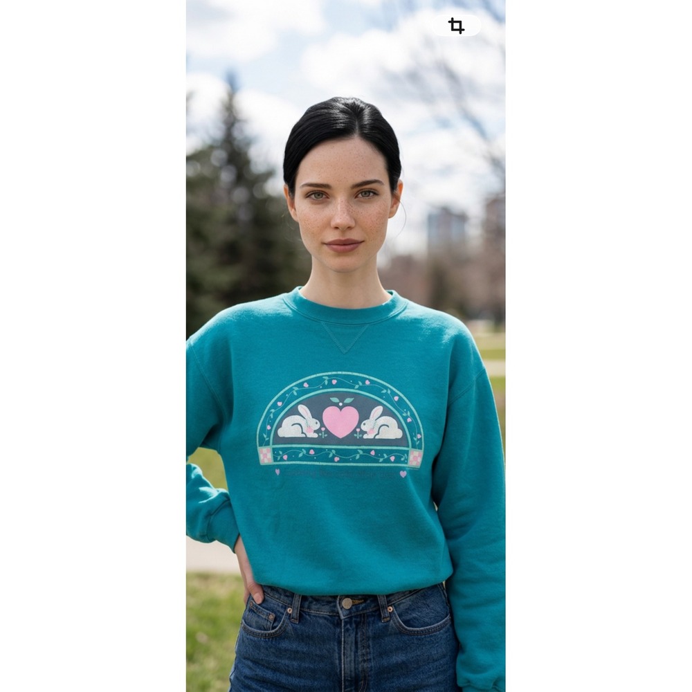 Vintage Russell Athletic Teal Bunny Heart Sweatshirt XL Made in USA 90s Graphic